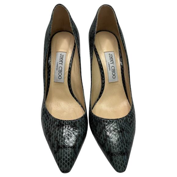 Jimmy Choo Heels Womens 37.5 7.5 US Green Black Snake Python Abel Pump Stiletto - Picture 9 of 13
